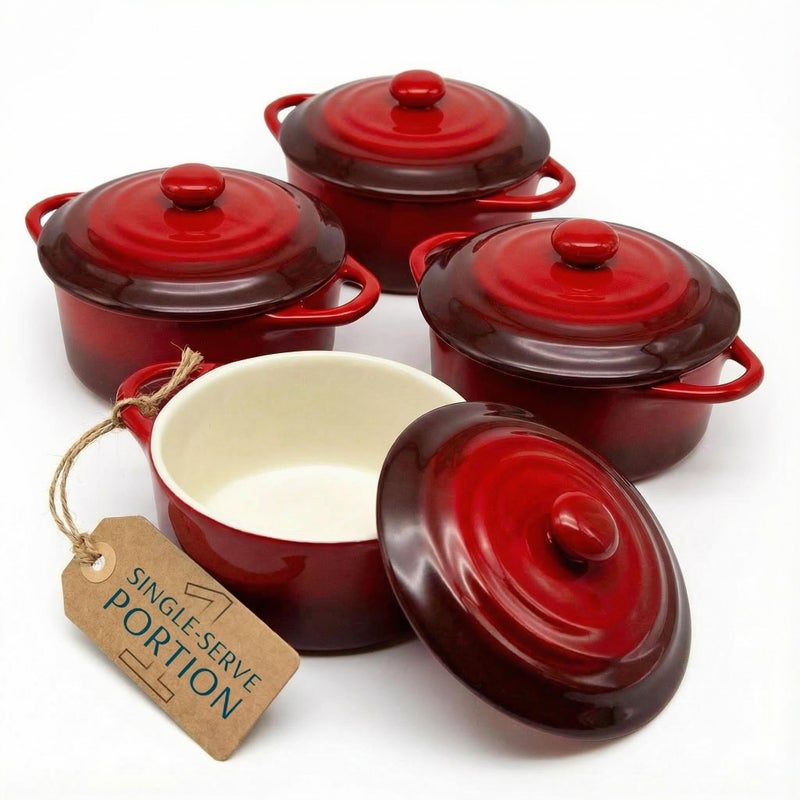 Kook Ceramic Mini Cocotte Set, Small Casserole Dishes with Lids and Handles, Individual Baking Ramekins, Oven, Microwave & Dishwasher Safe, Stoneware, 12 oz, Set of 4 (Crimson Ombre) - Image 1